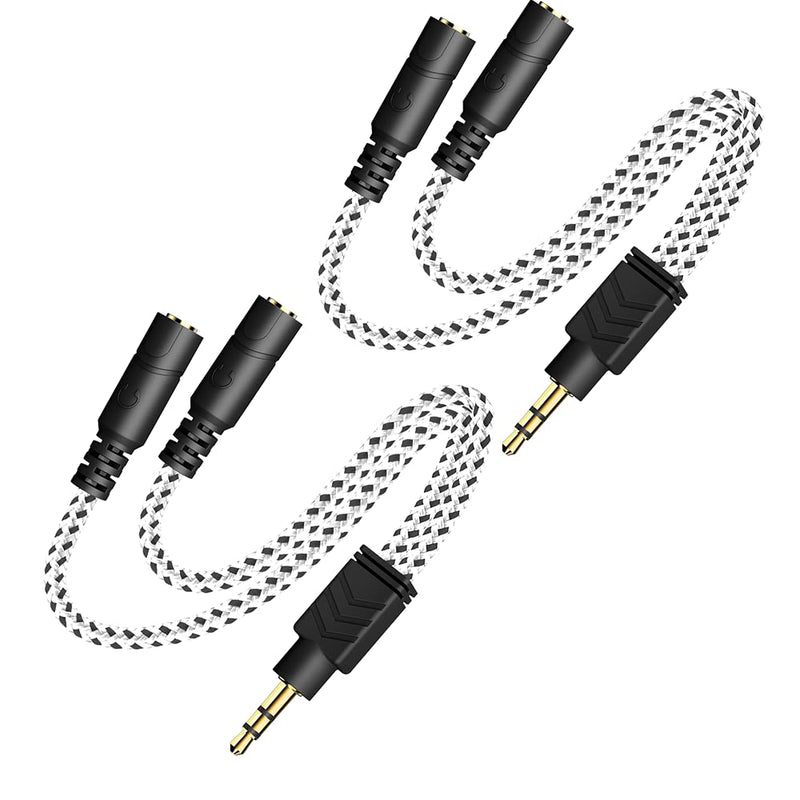 DUKABEL Headphone Splitter, Knitted 3.5mm Audio Splitter TRS 3-Pole Aux Splitter Cable for Headphones Earphones Speakers -Zebra White/2PACK 9.8 inch / 25 cm - 2pack Zebra White