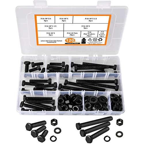Hakkin 120PCS 5/16-18 Hex Bolts and Nuts Kit, Length 3/4",1”,1-1/2",2",2-1/2”,3”, 5/16” Heavy Duty Nuts and Bolts Screws Flat & Lock Washers Kit, Grade 8.8 Carbon Steel Machine Screw Assortment Kit H 5/16-18 Hex Bolts Black (120pcs)
