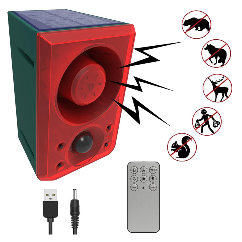 HULPPRE Solar Outdoor Motion Sensor Alarm-Dog Barking&Gunshot Sound,Support Recording&±Volume,130db Loud Noise Maker,3 Work Modes Strobe Light with USB,Say Goodbye to The Intruders Recording/volume± alarm