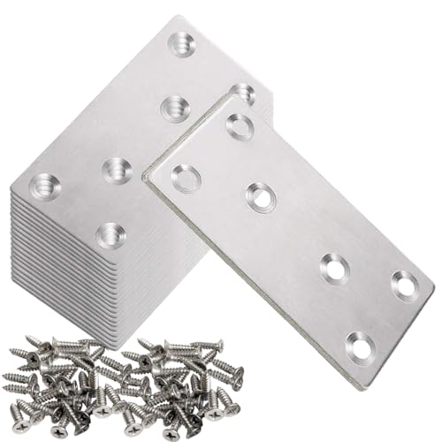 20 Pcs Silver Flat Bracket 4 x 2 Inch Stainless Steel Wood Joining Plates Mending Plate Flat Bracket with Screws, Steel Metal Straight Brace for Wood Furniture Cabinet Shelves 100MM-Silver