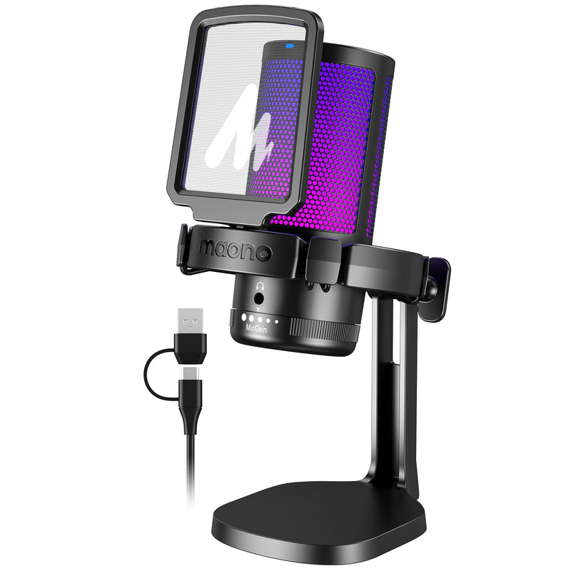 MAONO USB Gaming Microphone for PC, Noise Cancellation Condenser Mic with RGB Lights, Mute, Gain for Streaming, Recording, Podcast, Chat, Twitch, YouTube, Discord, Computer, PS5, PS4, GamerWave Black