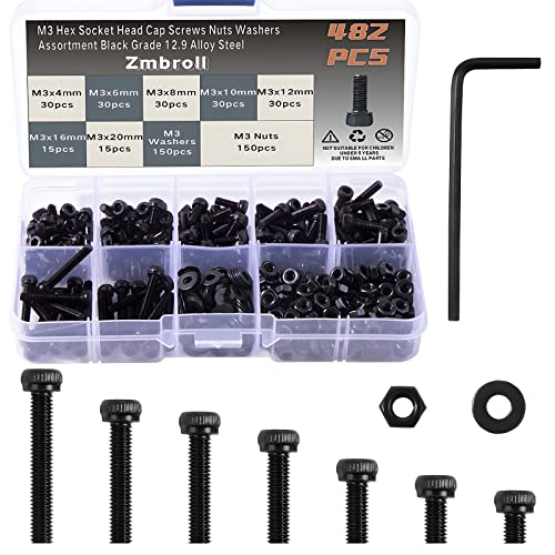 M3 480Pcs Black Hex Socket Screws Metric Thread Hexagon Alloy Steel 12.9 Grade Allen Machine Bolts Nuts Washers Assortment Kit with Wrench Key