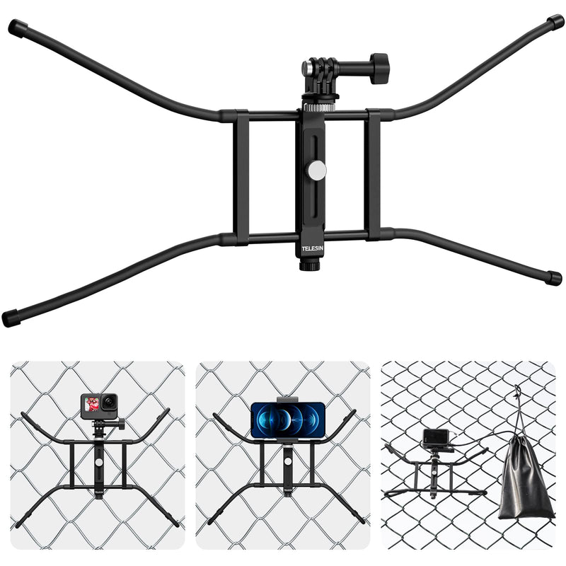 TELESIN Fence Mount Aluminum with Flexible Adjustable Clamp Arm for GoPro Insta360 Phone Mevo Start Backstop Camera, Softball, Tennis, Baseball, Football, Net/Chain Link Games Live Streaming Recording