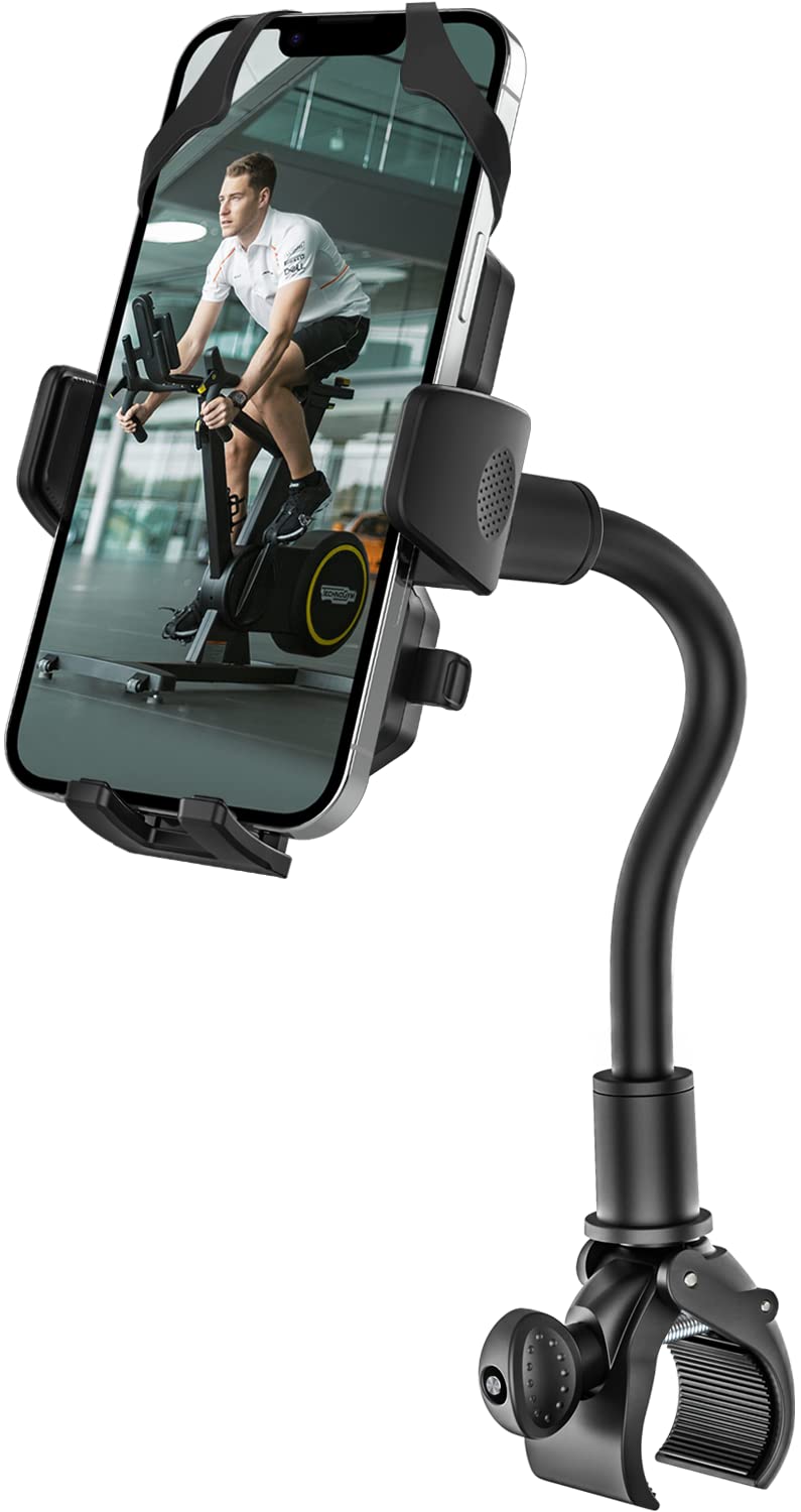 woleyi Gooseneck Spin Bike Phone Mount, Handlebar Clip Cell Phone Holder for Exercise Bicycle, Stationary Cycling, Stroller, Gym Treadmill, Mic Stand, for iPhone 14 Pro Max/13/12, S10, 4-7" Smartphone