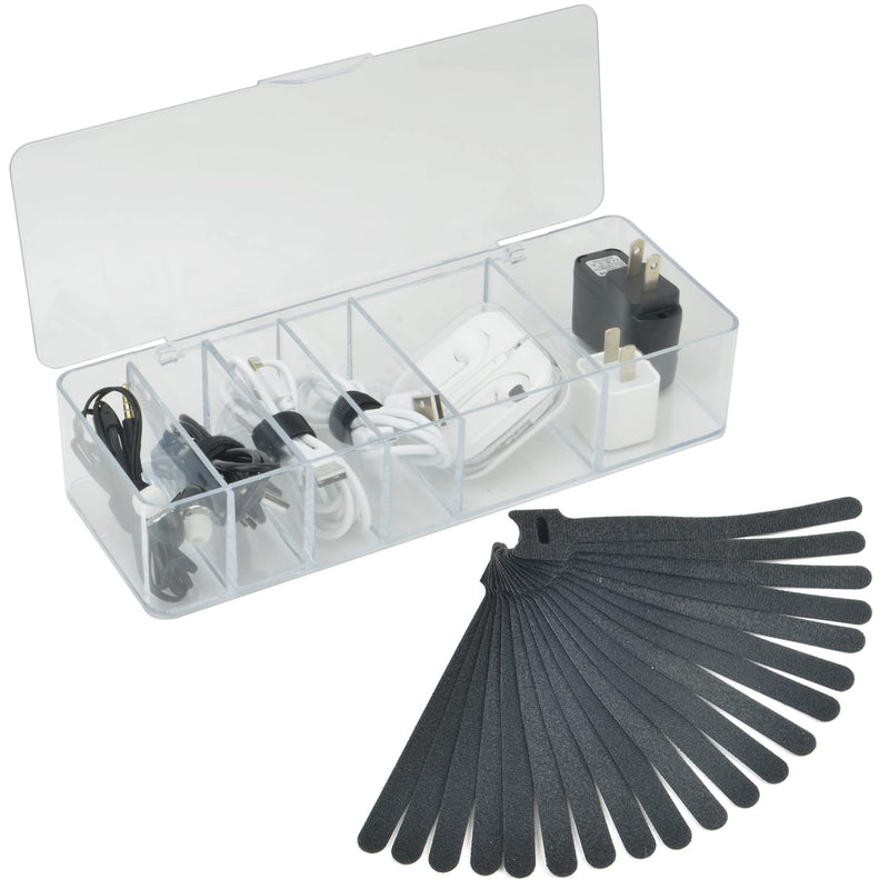 Electronics Organizer 6 Sections Clear Acrylic Cable Storage Bin Box Cord Holder with 20 PCS Reusable Fastening Fabric Cable Ties Straps Cord Wraps (6 Sections/with Cover) 6 Section / With Lid