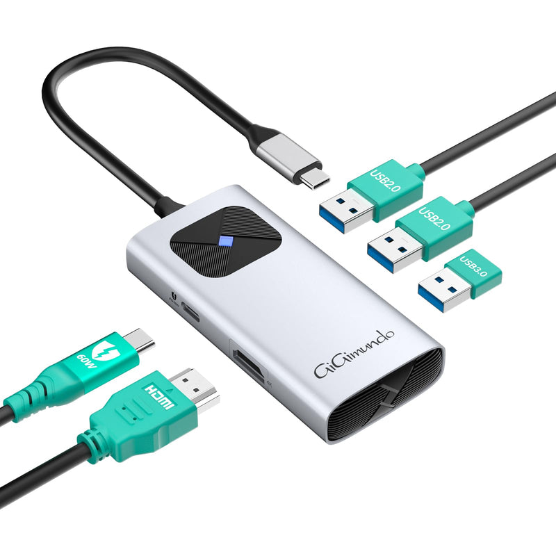 GiGimundo USB C Male to HDMI Femal Adapter, Type C Hub with 4K HDMI, PD60W Fast Charging, Compatible for Galaxy Phones, MacBook Pro/Air, USB-C iPad Pro/Air 5-in-1 Silver