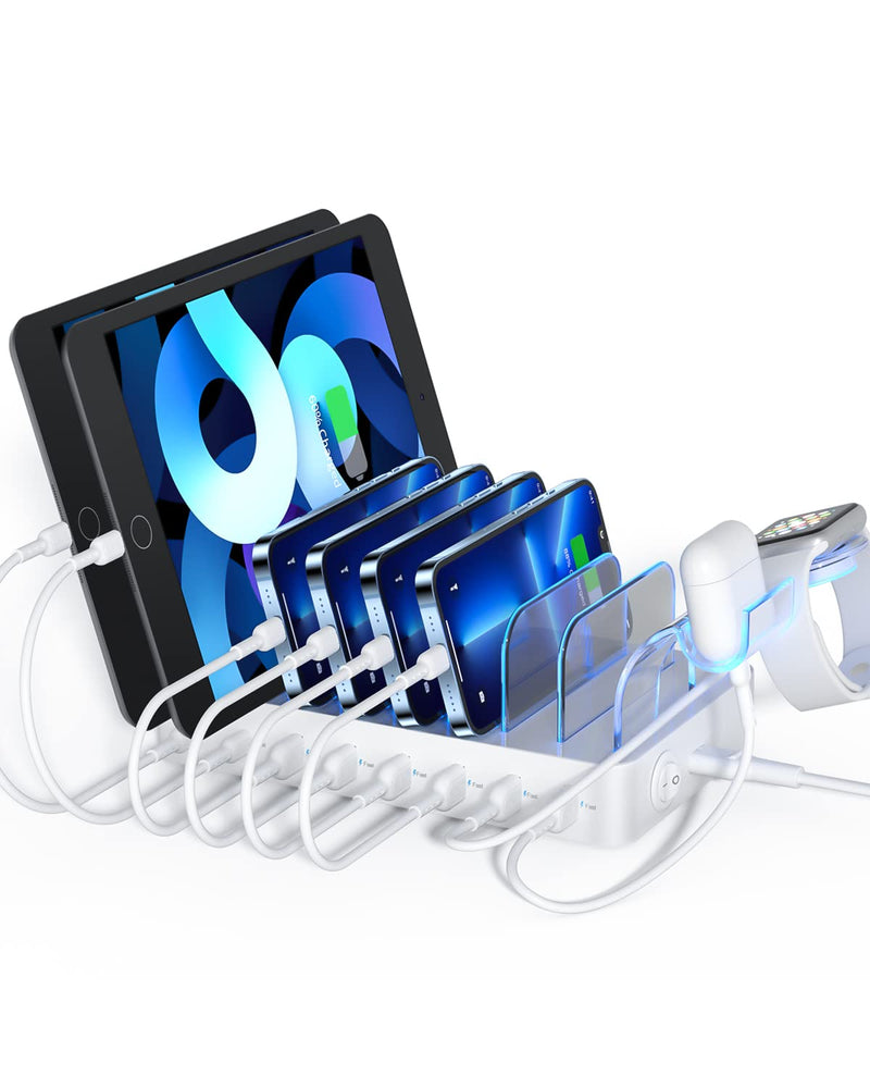 SooPii 8-Port USB-C Charging Station for Multiple Devices, with 1 PD 20W Port Supports Fast Charging, 8pcs Mixed Charging Cables and 1pcs Upgraded Holder for lWatch Charger & Air-Pods, White
