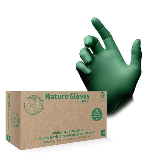 AMPRI Biodegradable Nitrile Gloves, Green, Pack of 100/Box, Size S, Powder-Free, Nature Gloves by Med-Comfort: Nitrile Disposable Gloves, Disposable Gloves in Sizes XS, S, M, L, XL | Green, 100pcs/box, size S