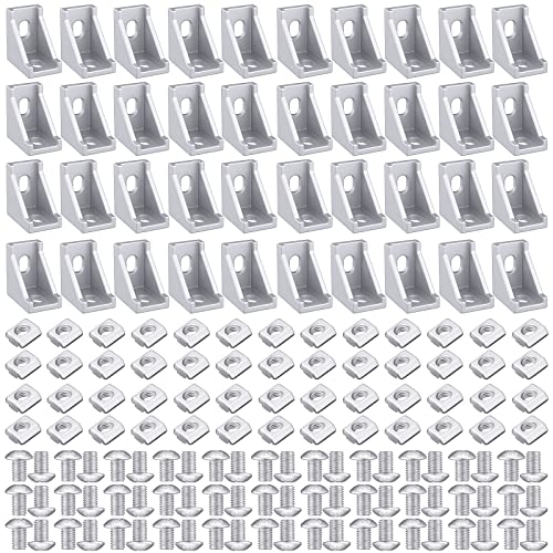 Therwen 50 Set 2020 Series Aluminum Profile Connector Set - 50 White Corner Brackets, 100 M5 T Nuts, 100 M5 x 8 mm Hex Screw Bolts for 6 mm Slot Aluminum Profile