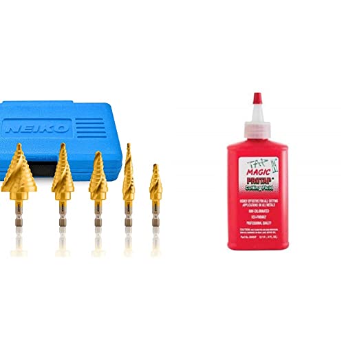 NEIKO Step Drill Bit Set for Metal and Wood (5 Piece) and Tap Magic ProTap Cutting Fluid (4 oz.) 5 PC STEP DRILL BIT SET Step Drill Bit Set + Cutting Fluid
