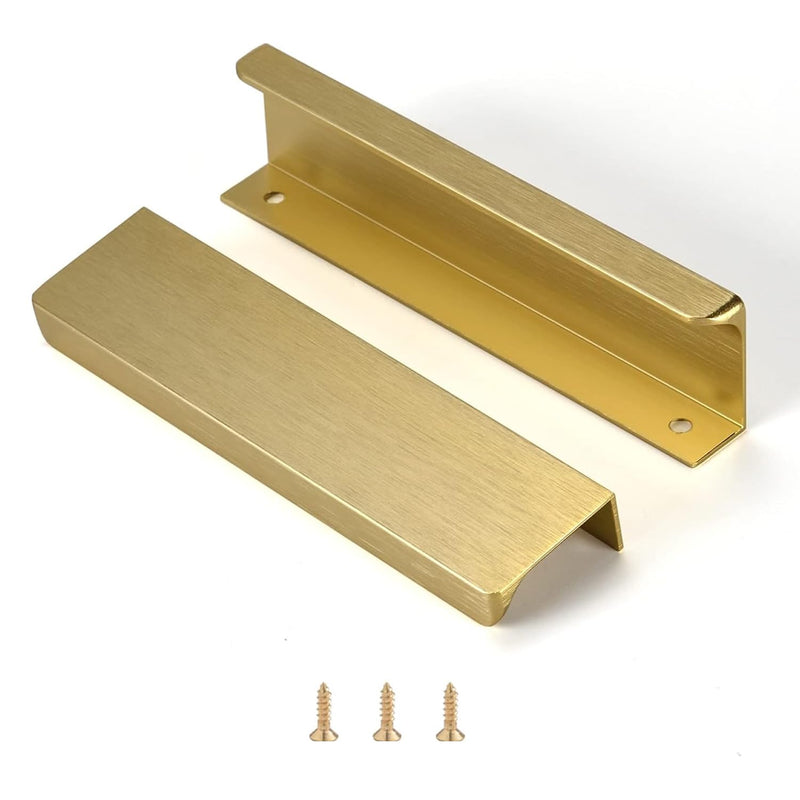 Satanga Edge Finger Tab Pull for cabinets Kitchen Concealed Drawer pulls Aluminum Hidden Back Mount Door Handle for Home Pack of 6 Modern Brushed Brass 5" Hole Center Easy Installation 5" Hole Center 6" Overall Length