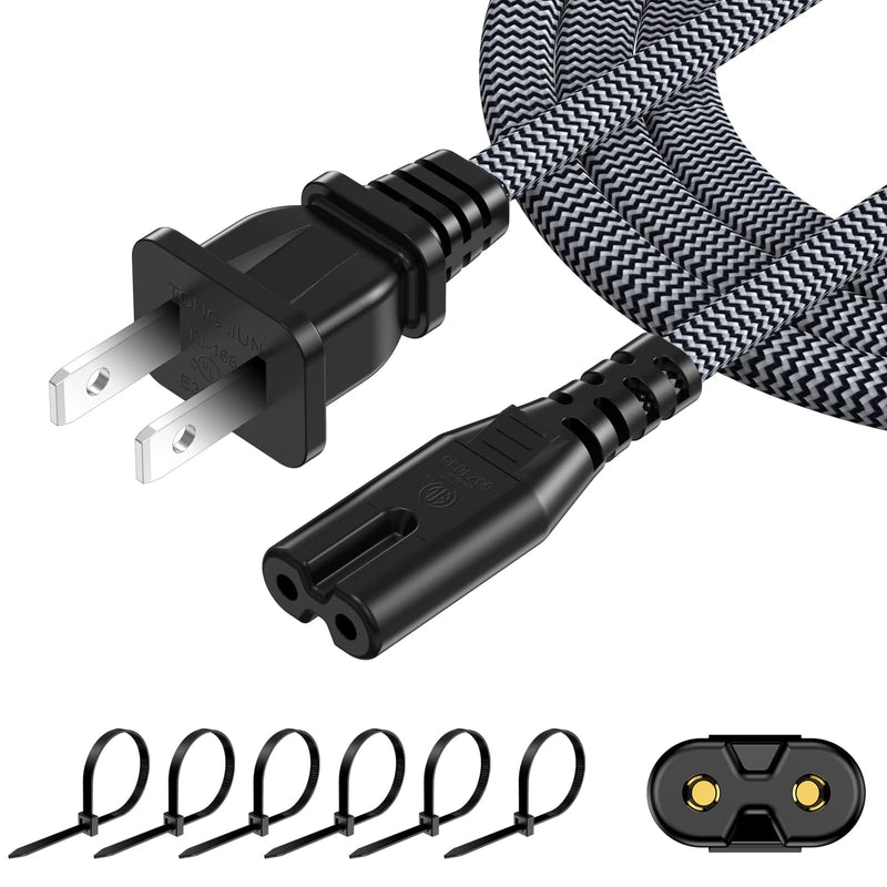 AC Power Cord 20FT(1 Pack), 2 Prong TV Power Cord, Nylon Braid Cable Replacement for Xbox One S, Xbox One X, Xbox Series X, PS3, PS4, PS5, Compatible for Printer, Monitor, Sound Bar, Game Console