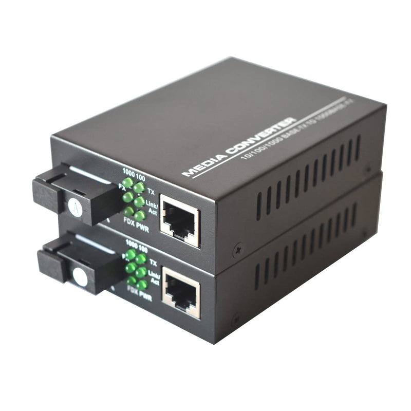 Gigabit Ethernet Fiber Media Converter SC, A Pair of 10/100/1000M RJ45 to 1000M Bi-Directional Single-Mode Fiber up to 20Km(12.4mi) SM 20Km, SC, Single Core