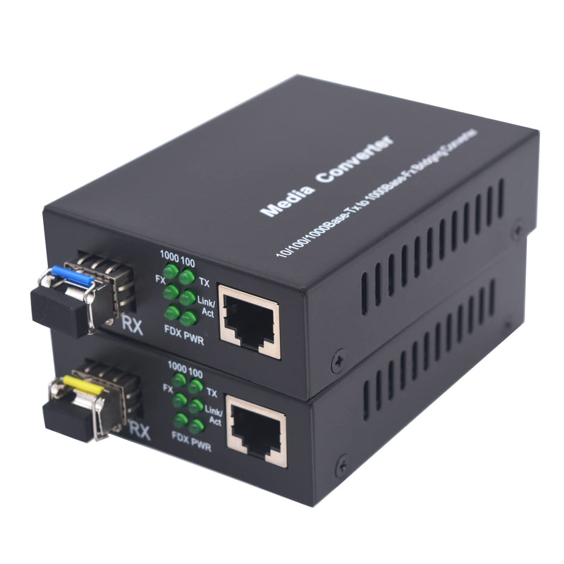 Single Mode Gigabit Fiber Media Converters LC -2 LC SFP Transceiver SM up to 20Km (12.4 Miles) Wavelength 1310nm/1550nm, LC to UTP Cat5e 10/100/1000 RJ-45 –Gigabit Ethernet Speed, A Pair SM 20Km, LC, Single Core