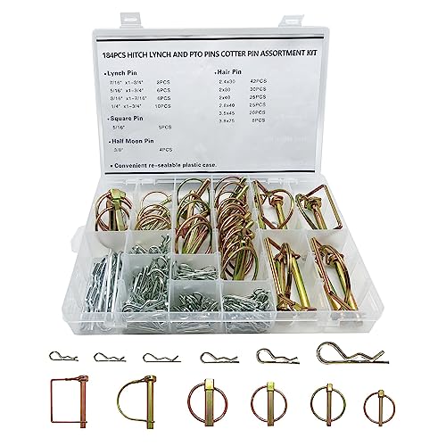 boatsea 184Pcs Cotter Pin Assortment Kit Heavy Duty Hitch Linch and PTO Pins,Shaft Locking R Clips Retaining Hair Pins Assortment, Including Pins&Square Arch Pins&Lynch pins,trailer pin