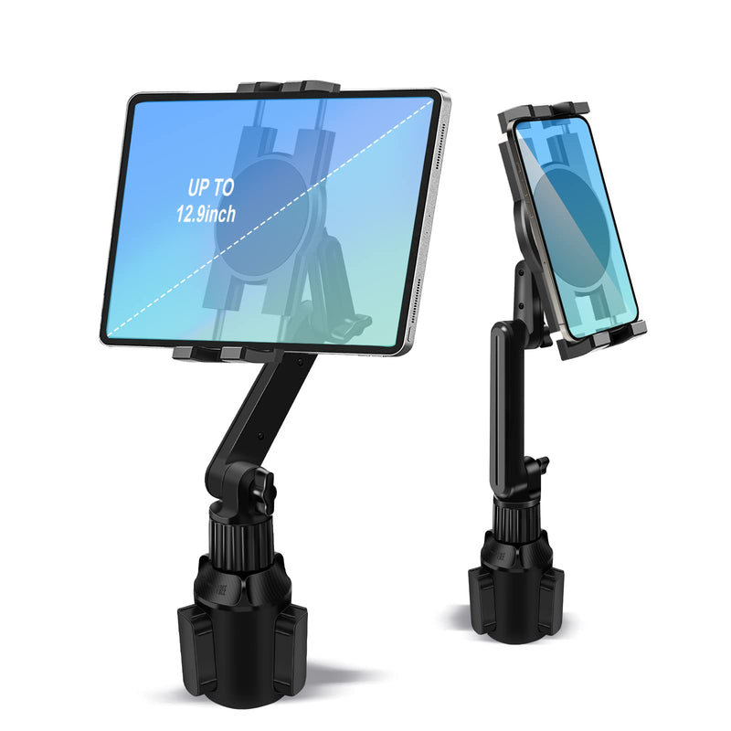 Cup Holder Car Tablet Mount for Truck, 360° Adjustable 15" Long 2-Arm Stand Holder for iPad Pro 12.9/11/10.5/9.7/Air/Mini 6/5/4, Samsung Galaxy Tab/Z Fold 6/5/4, iPhone 17/16/Pro, 4.7-12.9" Tab &Phone 15"