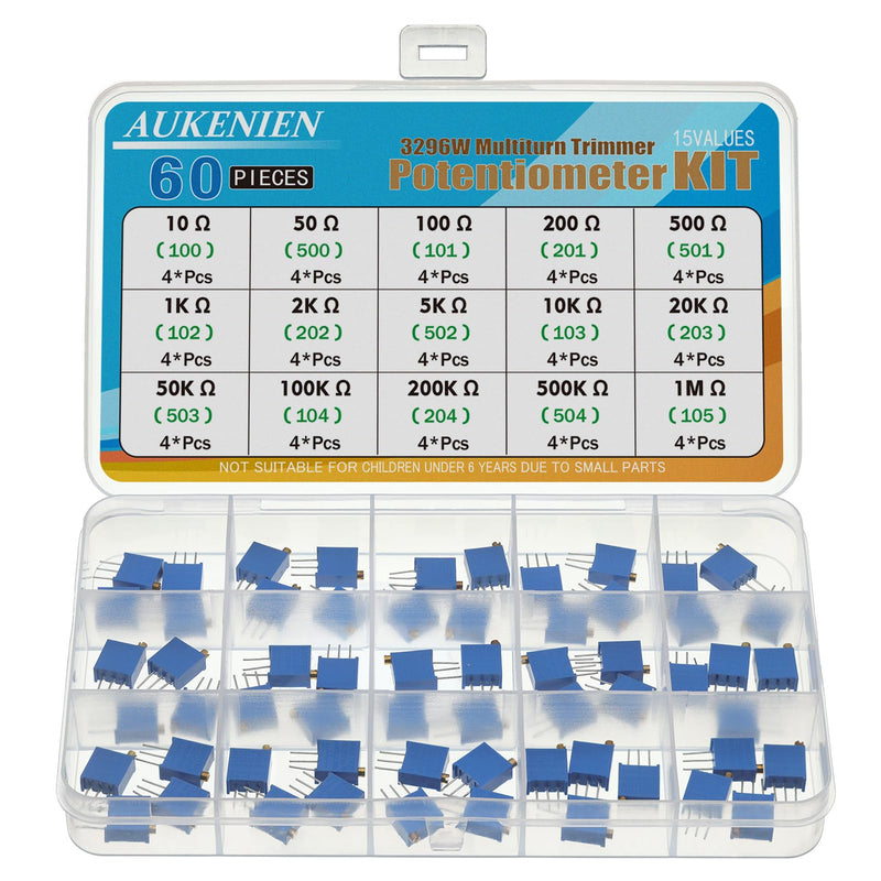 AUKENIEN 15 Values 60 Pieces 3296W Trimmer Potentiometer 10 50 100 200 500 1K 2K 5K 10K 20K 50K 100K 200K 500K 1M Ohm Variable Resistance Assortment Kit