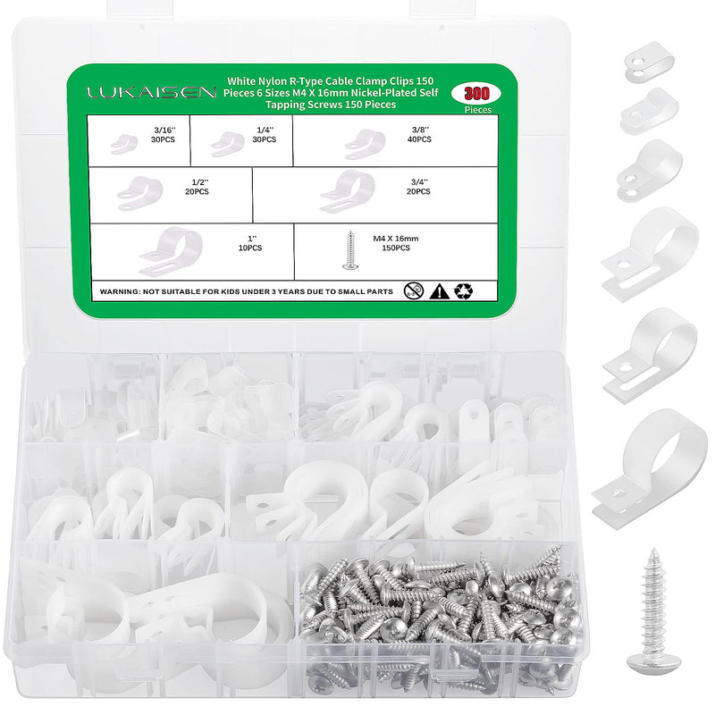 Cable Clips for Cable Management Cord Organizer, 300PCS White Nylon Plastic R-Type Cable Clamps 3/16" 1/4" 3/8" 1/2" 3/4" 1" Clips Fasteners Assortment with M4 x 16mm Nickel-Plated Hardened Screws
