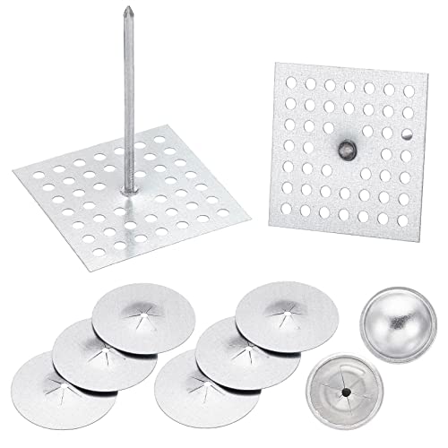 PATIKIL 300pcs Perforated Insulation Pins 2-1/2inch, 1.5in Self Locking Washers Round 7/8in Aluminum Insulation Hangers Cap Washers for Foam Board Wall Floor Ceiling, 100Set/300Pieces 100