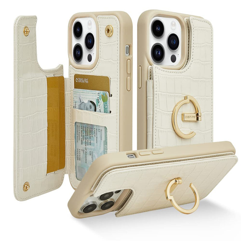 CUSTYPE for iPhone 14 Pro Max case Wallet with Card Holder, 180° Rotation Ring Holder Stand Card Slots Case, Leather Double Snap Cover with Wallet for Women and Men 6.7 "-Beige iPhone 14 Pro Max 6.7" Beige