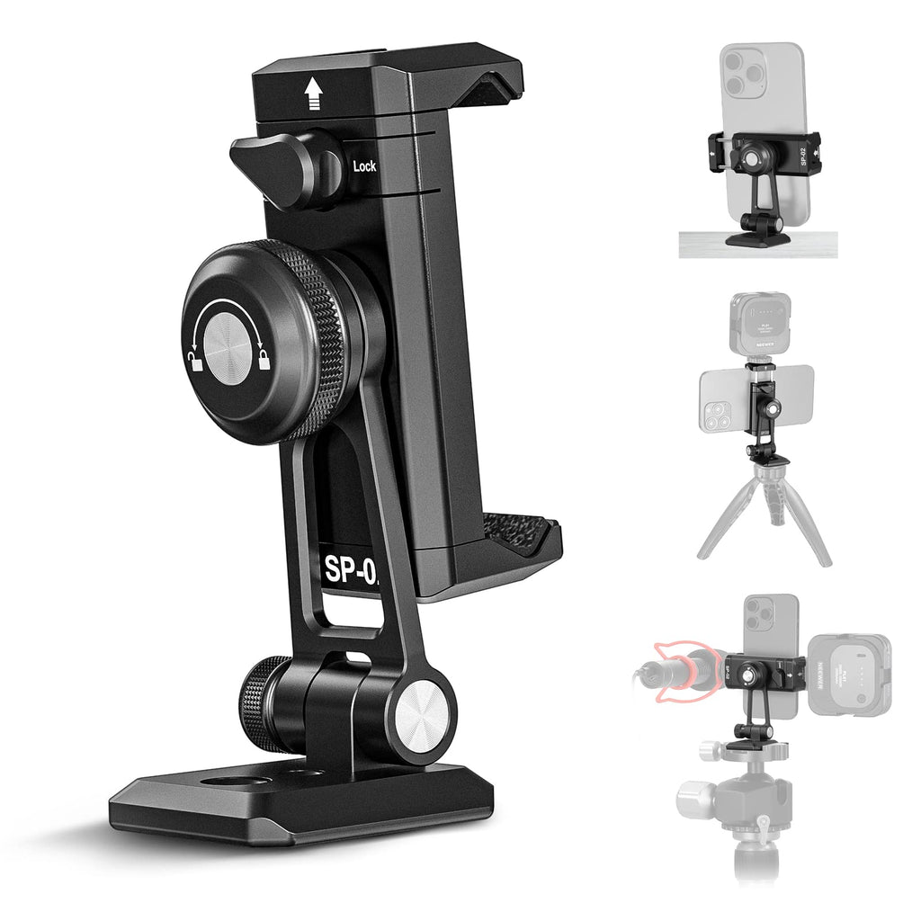 NEEWER Phone Tripod Mount Adapter, Aluminum Phone Holder Clamp with Cold Shoe, 1/4" 3/8" Thread, Arca Type Base, 360° Pan 180° Tilt, Compatible with iPhone 14 13 Pro Max Mini X Xs Galaxy S23, SP-02