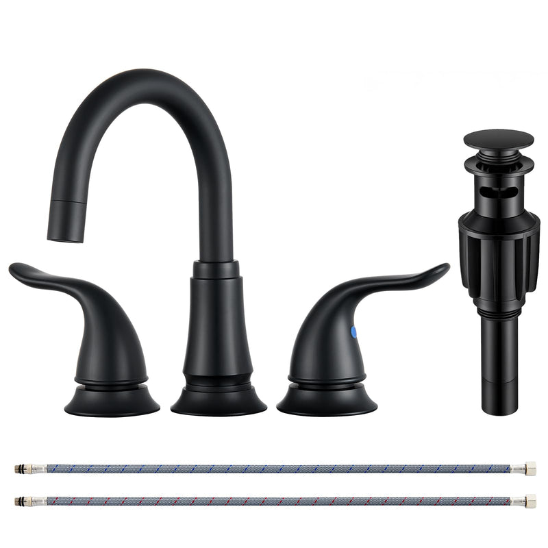 KPW Matte Black Bathroom Faucet 3 Hole, 8 Inch Widespread Bathroom Sink Faucet with Pop-up Drain Assembly and Supply Lines, Two Handle for Lavatory, Restroom
