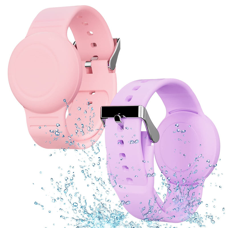 Waterproof Air Tag Bracelet for Kids(2 Pack), Soft Silicone Air Tag Hidden Wristband Kids, Lightweight GPS Tracker Compatible with Apple AirTag Watch Band for Child (Purple & Pink) Purple & Pink