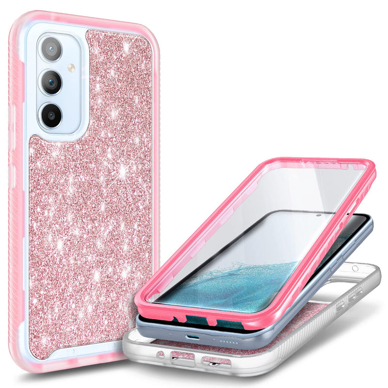 NZND Compatible with Samsung Galaxy A54 5G Case with [Built-in Screen Protector], Full-Body Protective Shockproof Rugged Bumper Cover, Impact Resist Durable Phone Case (Glitter Rose Gold)