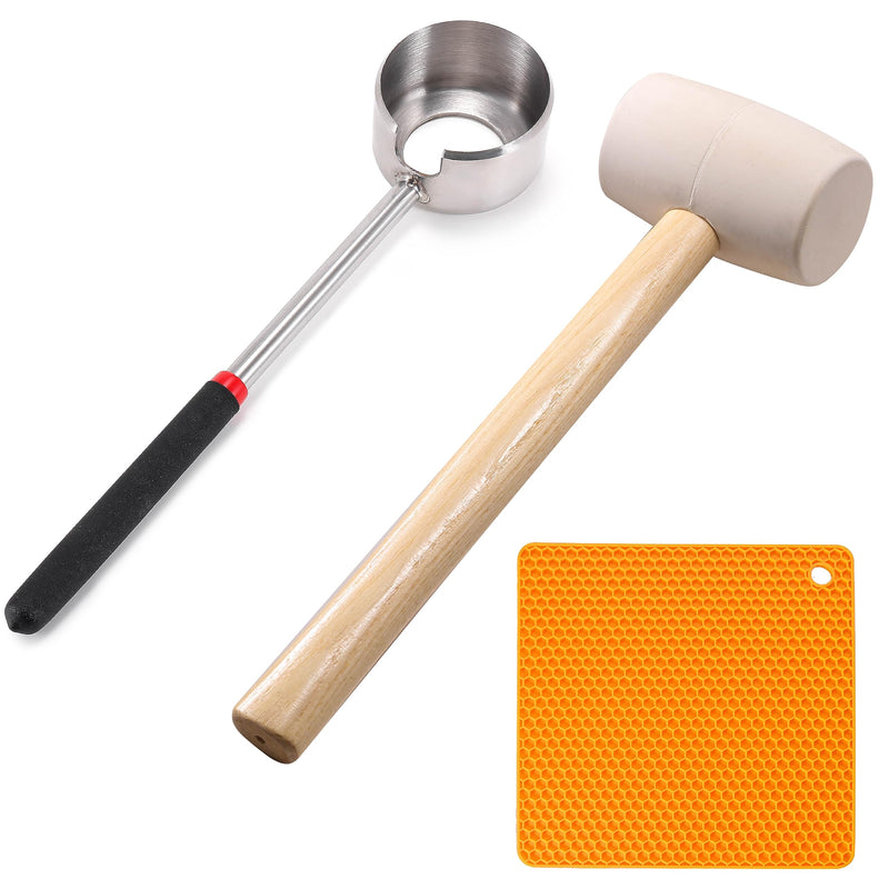 Coconut Opener Tool Set, Stainless Steel Coco Opener Kit for Coconut Young & Mature, Coconut Shell Puncher Knife, White Rubber Hammer with Wood Handle, Silicone Mat Shockproof 3 In 1 White Hammer Kit