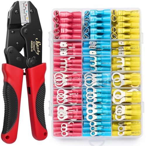 Sopoby Crimping Tool For Heat Shrink Connectors with 300PCS Marine Grade Heat Shrink Wire Connectors - Tinned Red Copper - Electrical Crimping Tool - AWG 22-10 Electrical Ring Fork Spade Splice 300PCS Heat Shrink Wire Connectors Set