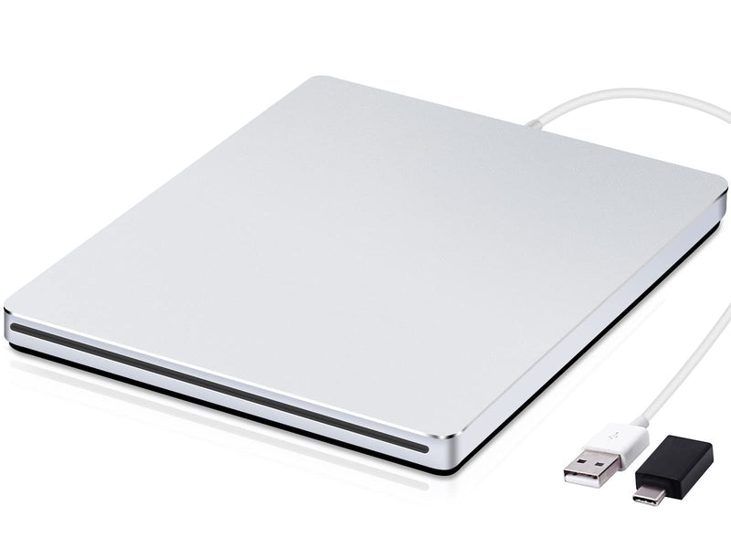Guamar External CD/DVD Drive,USB Type C CD DVD Burner CD ROM Disc Reader Writer, Portable Optical CD/DVD +/-RW Drive DVD Player for Laptop Mac Desktop PC Windows 11 Apple MacBook Matte Silver