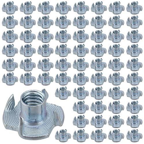 HOZEON 300 PCS 1/4 Inch -20 T-Nuts, 4-Pronged Tee Nut, Zinc-Plated Steel T Blind Nuts for Rock Climbing Holds、 Wood Working