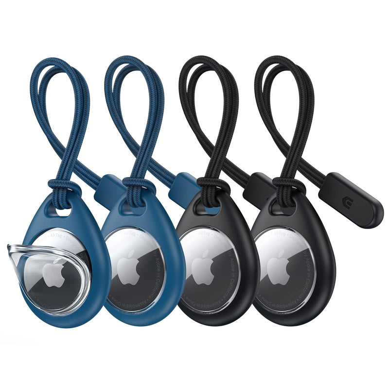UNBREAKcable Apple AirTag Holder with Strap- 4 Pack [Fit Tightly Design] [Easy to Install] [Hold Air Tag Securely] Waterproof TPU Shell Protective Case with Nylon Keychain Strap(Black&Blue) Black&Blue