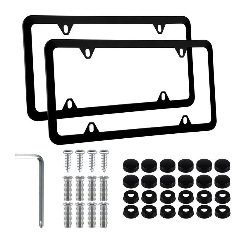 Alpmosn 2PCS Stainless Steel License Plate Frames, 4 Holes Car Licence Plate Covers with Screws Washers and Caps, Car Exterior Accessories, License Plate Holder for US Vehicles (Black) Black