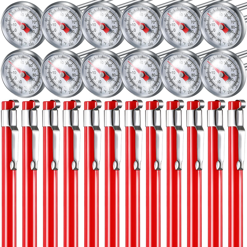 Xuhal 12 Pcs Stainless Steel Kitchen Thermometer with 5 Inch Long Stem 1 Inch Dial Thermometer Milk Frothing Food for Oven Probe Meat Grill BBQ Cooking Chocolate Water (Red) Red