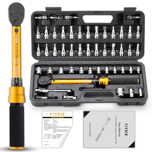 YIYEIE 50Pcs Master Bike Torque Wrench Set, 1/4 Inch Drive, 10-230 IN.LB (1-26.0 Nm), Inch Pound Click Torque Wrench with Bit Sockets, 0.1 Nm Micro, 3/8 Adapter, Pro Bicycle Tool Kit for MTB 1/4″ 50PCS