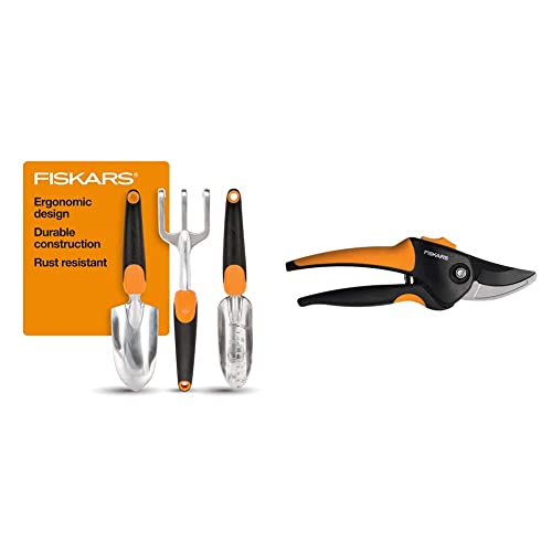 Fiskars 384490-1002 Garden Scratch Tool Set with Shovel, Hand Rake and Spade for Weed Removal, Digging, Gardening, Black/Orange & 79436997J Softgrip Bypass Pruner, Black/Orange Small Tool Set + Bypass Pruner Standard Packaging