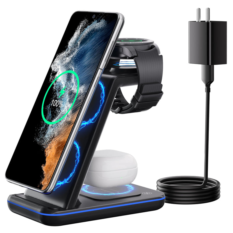 Wireless Charger for Samsung, 3 in 1 Wireless Charging Station for Samsung Galaxy S23+/S22/S21/Z Flip 4/3 Fold 4/3, Fast Charging Station/Stand for Samsung Watch 5/Pro/4/3/Active 2/1 Galaxy Buds2 Pro