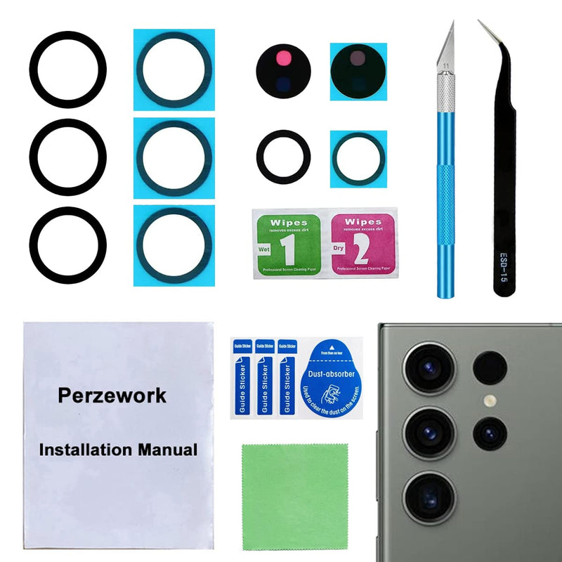 Perzework 2 Set Back Rear Camera Lens Glass Replacement for Samsung Galaxy S23 Ultra with pre-Installed Adhesive and Reparing Toolkit