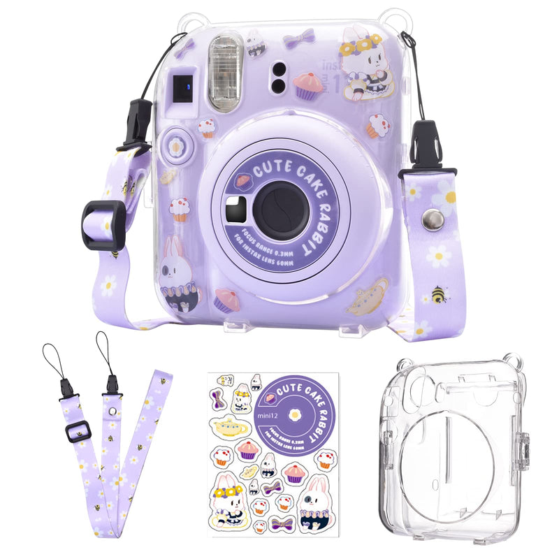 HIYQIN Upgrated Clear Case for Fujifilm Instax Mini 12 Instant Camera, Polaroid Instax Mini 12 Protective Cover Hard PVC Transparent Case with Adjustable Shoulder Strap and DIY Sticker (Purple) Original-Clear Case+2 Accessories Purple