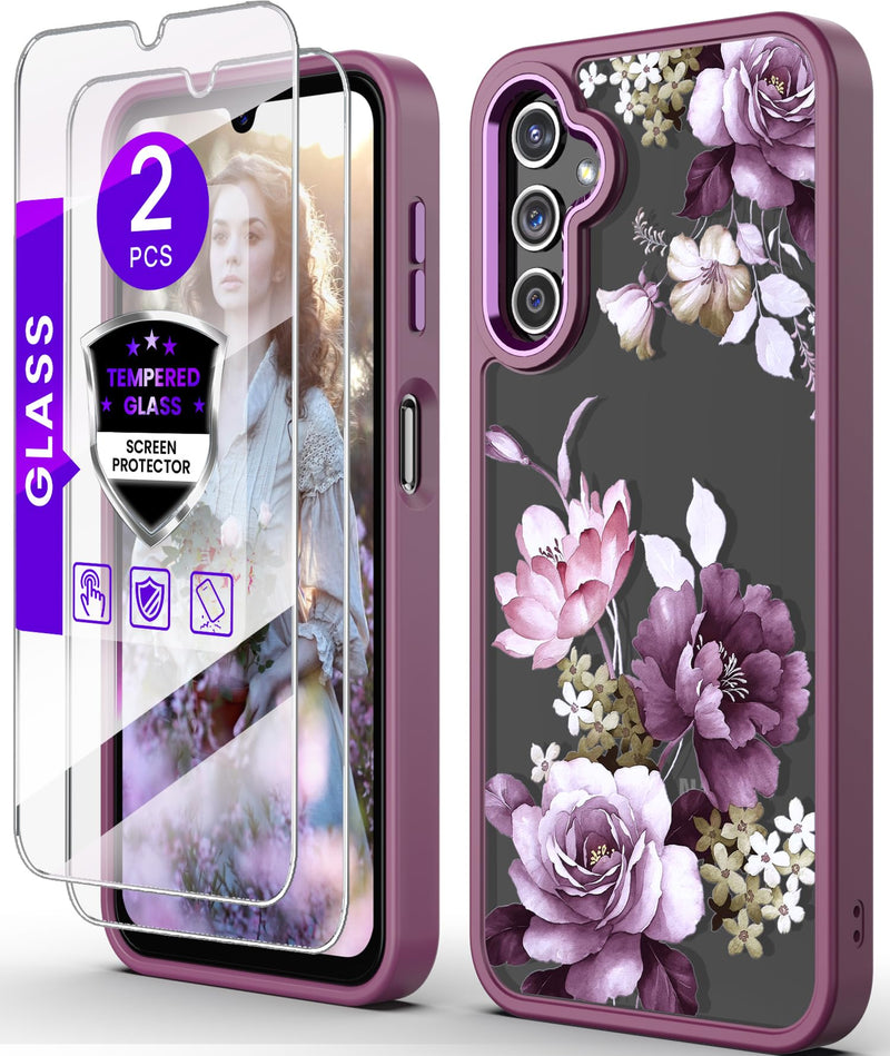 DagoRoo for Samsung Galaxy A14 5G Case with Tempered Glass Screen Protector [2 Pack],[Military Grade Protective] Slim Soft TPU & Hard PC,Girls Women Crystal Clear Flower Pattern Cases (JD-Purple) JD-Purple