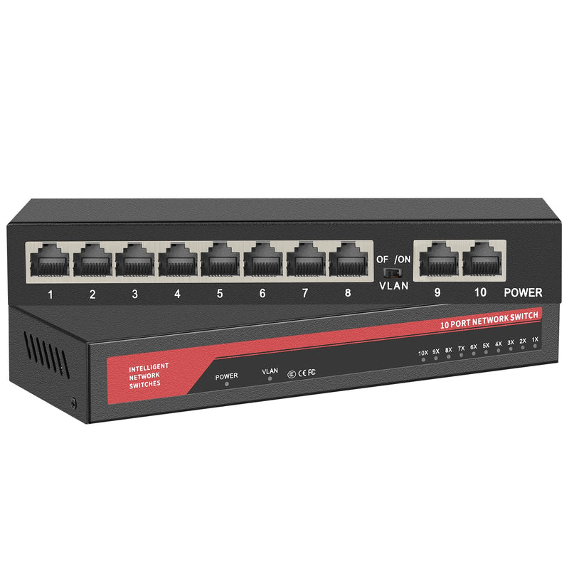 10 Ports Gigabit Ethernet Switch Unmanaged, 8 Gigabit Ports+2 Gigabit Uplink Port, Network Switch,Ethernet Splitter| Plug & Play| Fanless Metal Design| Shielded Ports| Traffic Optimization 10 Ports|8 Ports Gigabit+2xUPLINK Ports