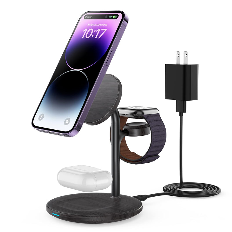 XooFly 3 in 1 Wireless Charging Station for Apple Devices, Fast Wireless Mag-Safe Charger Stand with 20W Adapter for iPhone 17/16 15 14 13 12 Pro Max/Pro/Plus/Air/Mini,iWatch,AirPods(Black Wood Grain) Black Woodgrain