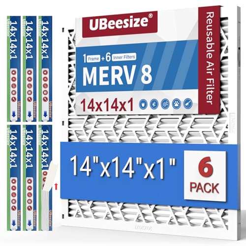 UBeesize Air Filter 14x14x1 (6-Pack), MERV 8 MPR 700 AC/HVAC Furnace Filters,Deep Pleated Air Cleaner, (Actual Size 13.5 x 13.5 x 0.8 Inches),1x Reusable ABS Frame+6 x Filter,Easy Close/Open