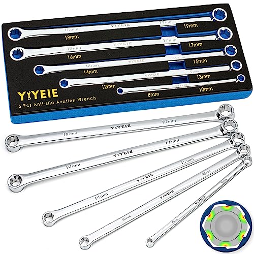 YIYEIE 5-Piece Extra Long Box End Wrench Set, Metric 8mm-19mm, 6 Point Extended Bolt Extractor Wrench, CR-V Labor-Saving Aviation Spanner with EVA Foam 5PCS