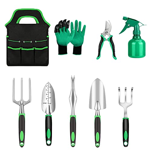 Garden Tool Set with Non Slip Rubber Grip,9 Piece Stainless Steel Gardening Tool Sets,Heavy Duty Outdoor Hand Tools Durable Storage Tote Bag,Uprooting Weeding Tool, Gifts for Women Men Children Green