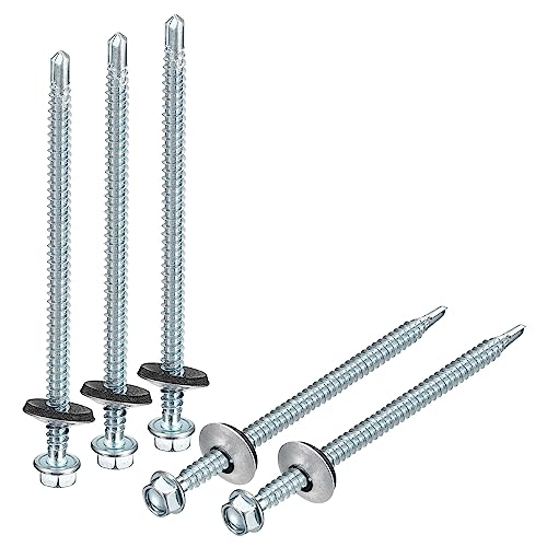 uxcell #12 x 4 Self Drilling Screws with Rubber Washer, 100pcs Zinc Plated Steel Roofing Screws Hex Head Self Tapping Screws with EPDM Washer for Metal to Metal #12 x 4" 100