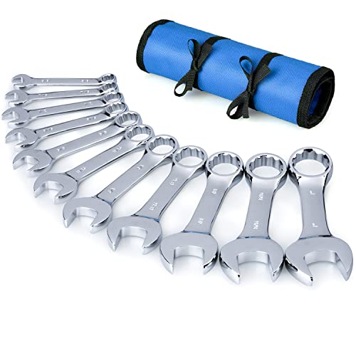 Premium Stubby Combination Wrench Set with Roll-up Pouch, 11-Piece, SAE, 3/8” to 1”, No Skipped Inch Size | Cr-V Steel, Mirror Polished Finish | Short Length and Slim Body, Perfect for Confined Areas SAE Set