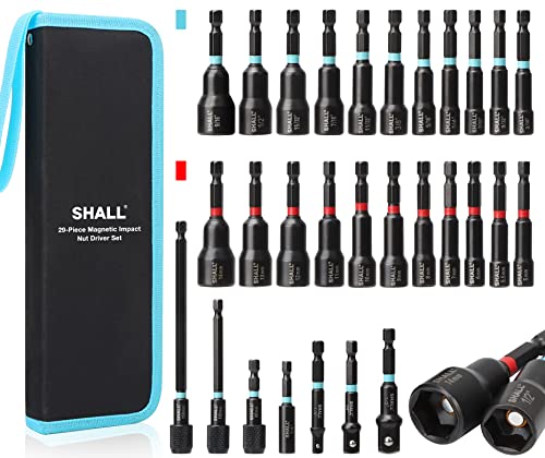 SHALL 29PCS Magnetic Nut Driver Set, Impact Drill Driver Bit 1/4" Hex Shank, SAE & Metric Cr-V Steel Power Nut Drivers with Quick-release Extensions, Impact Socket Adapters, Bit Holder and Storage Bag Variety Pack