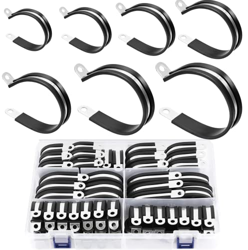 56PCS Large Stainless Steel Rubber Coated Cushioned Insulated Cable Clamps Assortment Kit - Automotive & Pipe Clamps in 7 Sizes - 3/4" to 2"